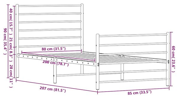 Metalni okvir kreveta uzglavlje i podnožje crni 80x200 cm - Crna / 80 x 200 cm