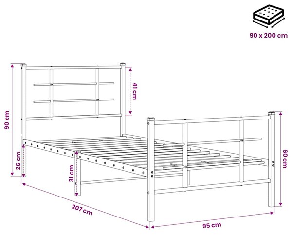 Metalni okvir kreveta uzglavlje i podnožje crni 90 x 200 cm - Crna / 90 x 200 cm