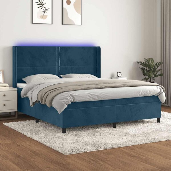 Krevet box spring s madracem LED tamnoplavi 160x200 cm baršun - Plava / 160 x 200 cm