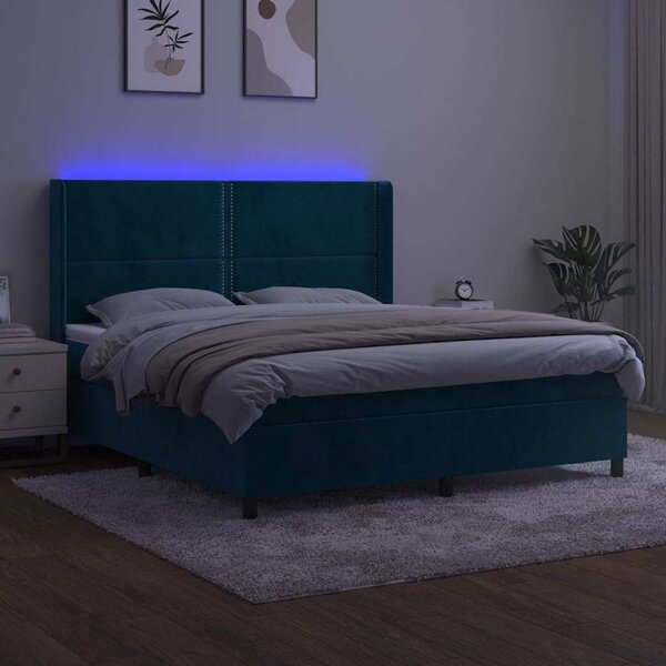 Krevet box spring s madracem LED tamnoplavi 160x200 cm baršun - Plava / 160 x 200 cm