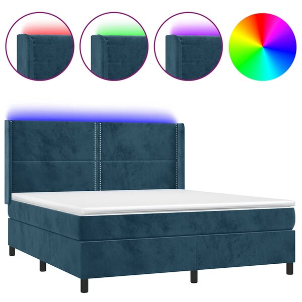 Krevet box spring s madracem LED tamnoplavi 160x200 cm baršun - Plava / 160 x 200 cm