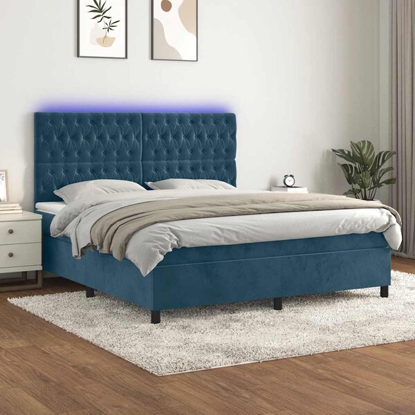 Krevet box spring s madracem LED tamnoplavi 160x200 cm baršun - Plava / 160 x 200 cm