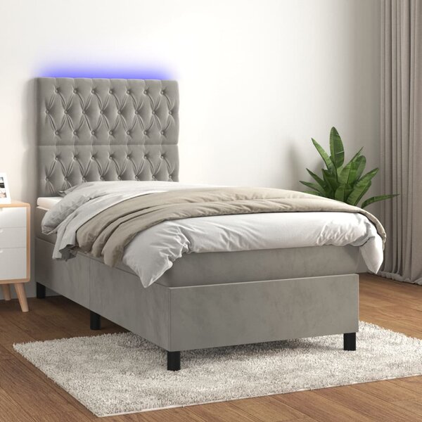 Krevet box spring s madracem LED svjetlosivi 100x200 cm baršun - Siva / 100 x 200 cm