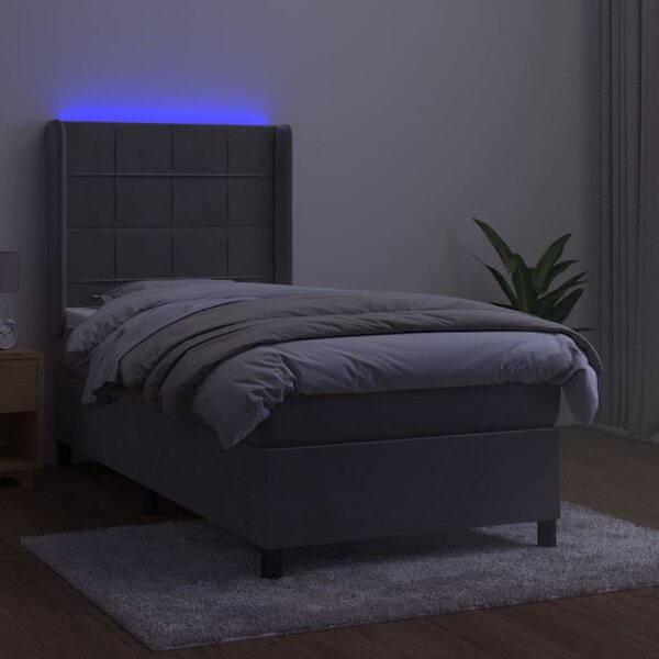 Krevet box spring s madracem LED svjetlosivi 100x200 cm baršun - Siva / 100 x 200 cm