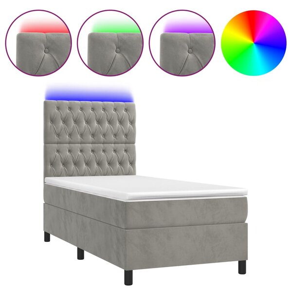 Krevet box spring s madracem LED svjetlosivi 100x200 cm baršun - Siva / 100 x 200 cm