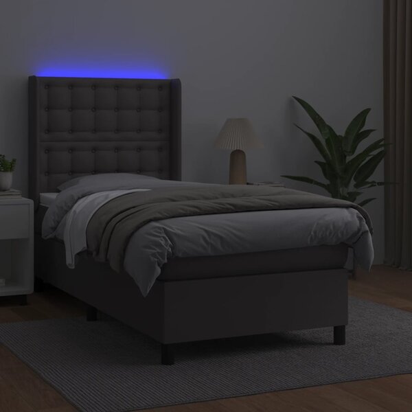 Krevet box spring s madracem LED sivi 90x190 cm od umjetne kože - Siva / 90 x 190 cm