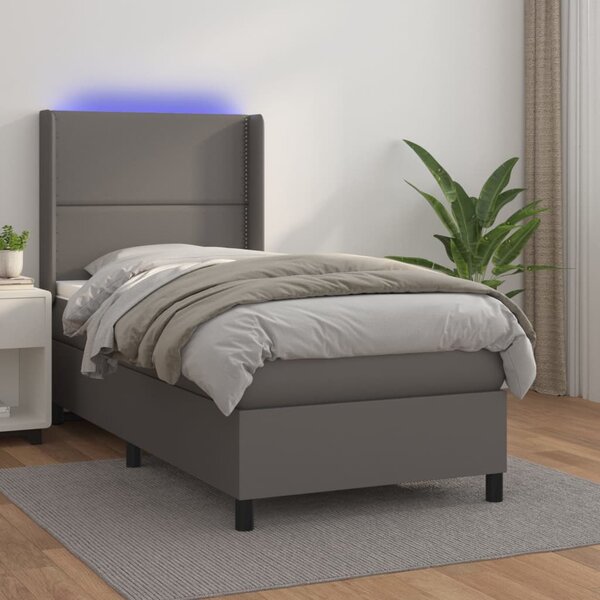 Krevet box spring s madracem LED sivi 90x190 cm od umjetne kože - Siva / 90 x 190 cm