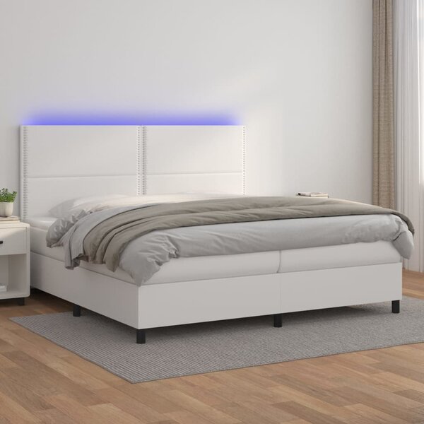 Krevet box spring s madracem LED bijeli 200x200 cm umjetna koža - Bijela / 200 x 200 cm