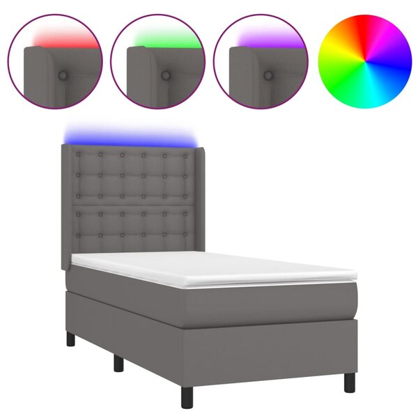 Krevet box spring s madracem LED sivi 90x190 cm od umjetne kože - Siva / 90 x 190 cm