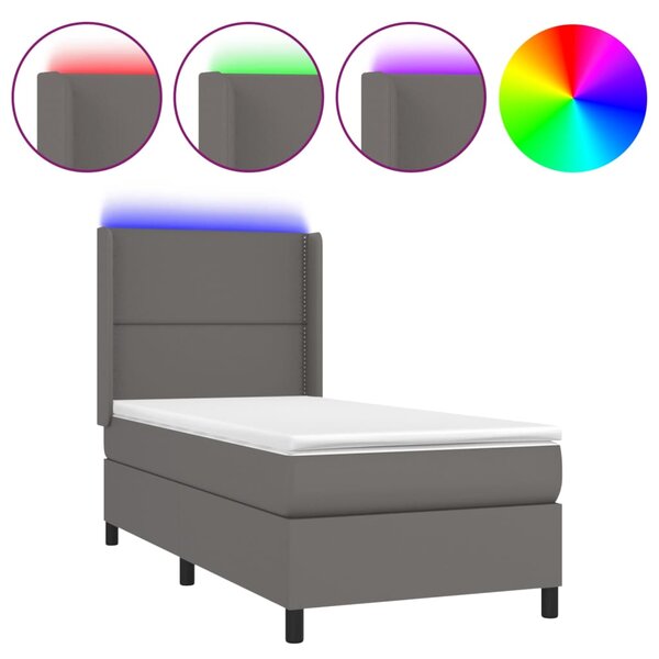 Krevet box spring s madracem LED sivi 90x190 cm od umjetne kože - Siva / 90 x 190 cm