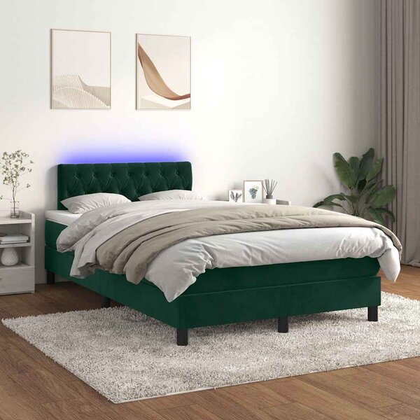 Krevet box spring s madracem LED tamnozeleni 120x200 cm baršun - Zelena / 120 x 200 cm