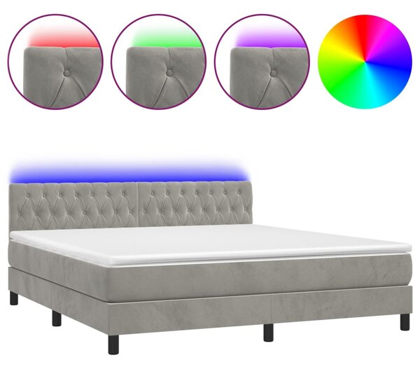 Krevet box spring s madracem LED svjetlosivi 180x200 cm baršun - Siva / 180 x 200 cm