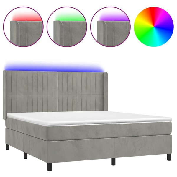 Krevet box spring s madracem LED svjetlosivi 180x200 cm baršun - Siva / 180 x 200 cm