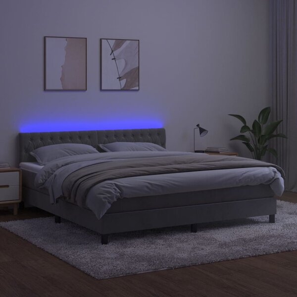Krevet box spring s madracem LED svjetlosivi 180x200 cm baršun - Siva / 180 x 200 cm