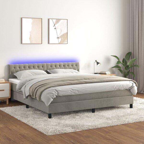Krevet box spring s madracem LED svjetlosivi 180x200 cm baršun - Siva / 180 x 200 cm