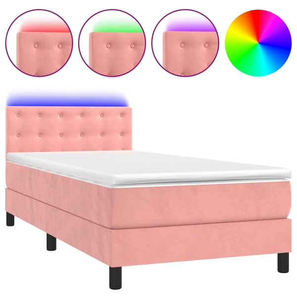 Krevet box spring s madracem LED ružičasti 100x200cm baršunasti - Ružičasti / 100 x 200 cm