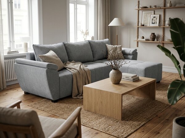 Razvlačna kutna garnitura L LIVARO 251x140 cm, svijetlo siva, univerzalna