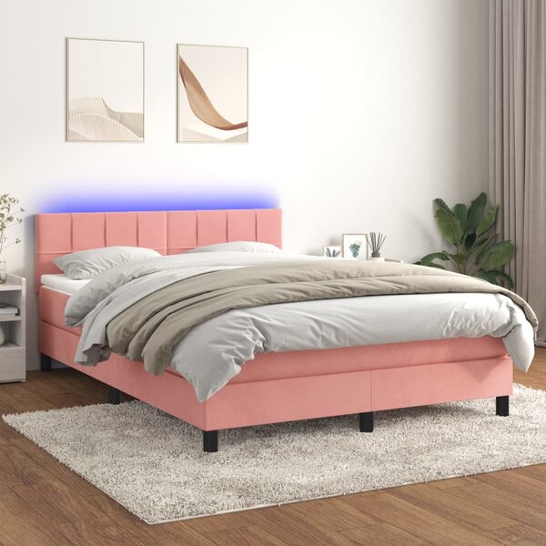 Krevet box spring s madracem LED ružičasti 140x190cm baršunasti - Ružičasti / 140 x 190 cm