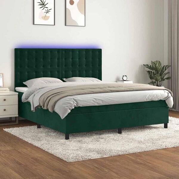 Krevet box spring s madracem LED tamnozeleni 180x200 cm baršun - Zelena / 180 x 200 cm