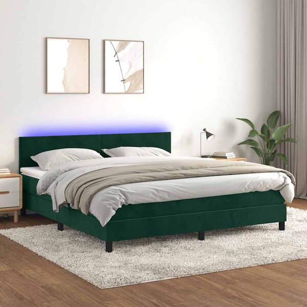 Krevet box spring s madracem LED tamnozeleni 180x200 cm baršun - Zelena / 180 x 200 cm