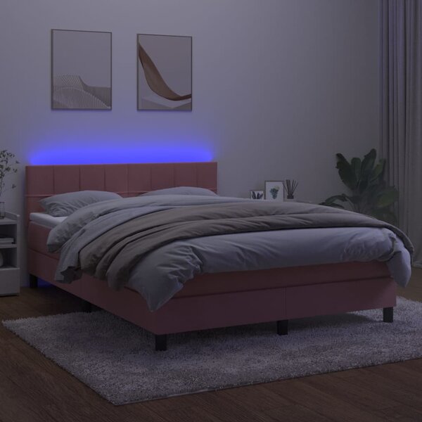Krevet box spring s madracem LED ružičasti 140x190cm baršunasti - Ružičasti / 140 x 190 cm