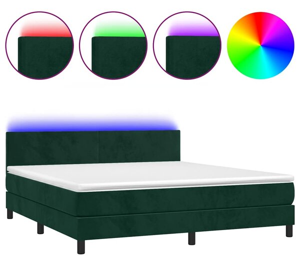 Krevet box spring s madracem LED tamnozeleni 180x200 cm baršun - Zelena / 180 x 200 cm