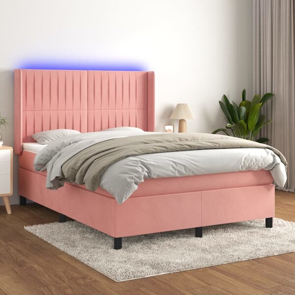 Krevet box spring s madracem LED ružičasti 140x190cm baršunasti - Ružičasti / 140 x 190 cm