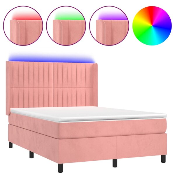 Krevet box spring s madracem LED ružičasti 140x190cm baršunasti - Ružičasti / 140 x 190 cm