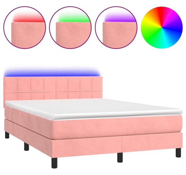 Krevet box spring s madracem LED ružičasti 140x190cm baršunasti - Ružičasti / 140 x 190 cm