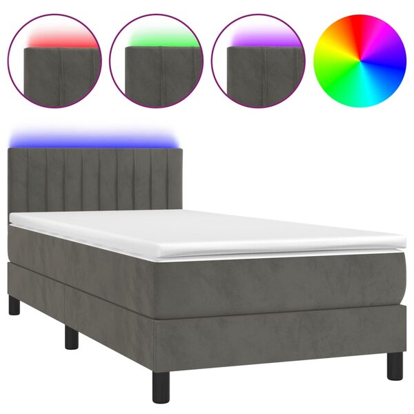 Krevet box spring s madracem LED tamnosivi 100x200 cm baršun - Siva / 100 x 200 cm