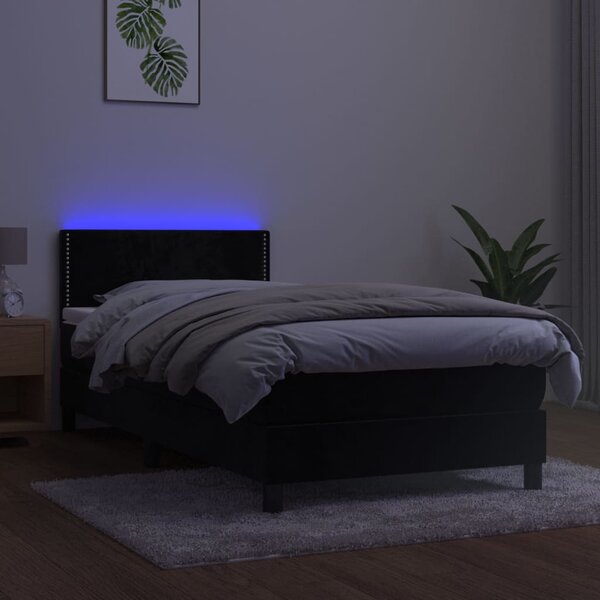 Krevet box spring s madracem LED crni 90x200 cm baršun - Crna / 90 x 200 cm