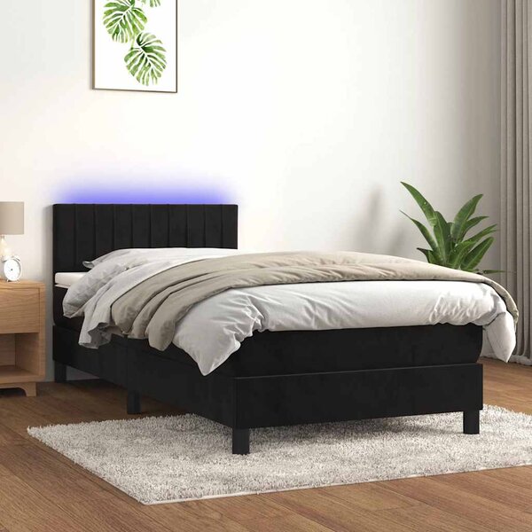 Krevet box spring s madracem LED crni 90x200 cm baršun - Crna / 90 x 200 cm