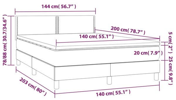 Krevet box spring s madracem LED sivi 140x200cm od umjetne kože - Siva / 140 x 200 cm