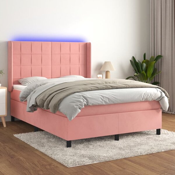 Krevet box spring s madracem LED ružičasti 140x200cm baršunasti - Ružičasti / 140 x 200 cm