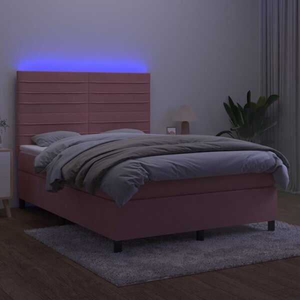 Krevet box spring s madracem LED ružičasti 140x200cm baršunasti - Ružičasti / 140 x 200 cm