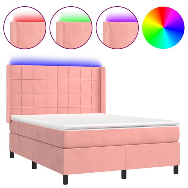Krevet box spring s madracem LED ružičasti 140x200cm baršunasti - Ružičasti / 140 x 200 cm