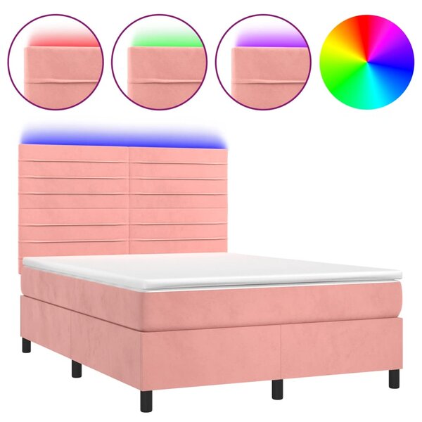 Krevet box spring s madracem LED ružičasti 140x200cm baršunasti - Ružičasti / 140 x 200 cm