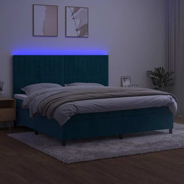 Krevet box spring s madracem LED tamnoplavi 200x200 cm baršun - Plava / 200 x 200 cm