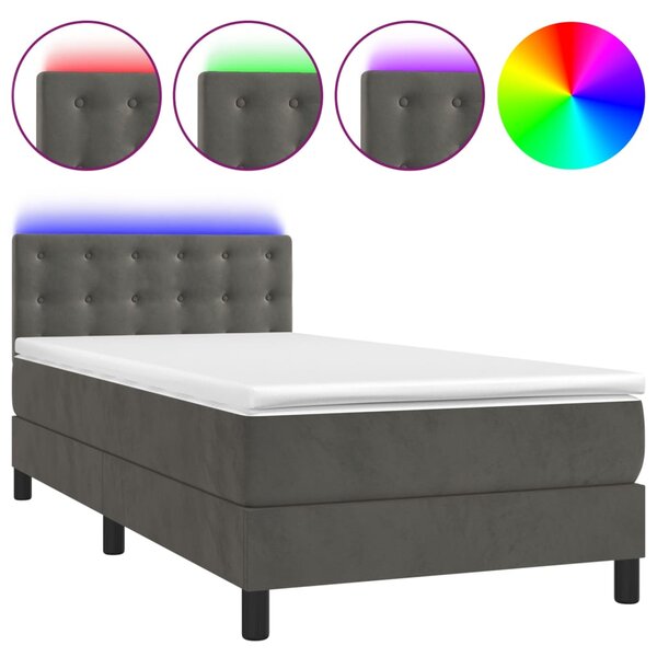 Krevet box spring s madracem LED tamnosivi 90x190 cm baršun - Siva / 90 x 190 cm
