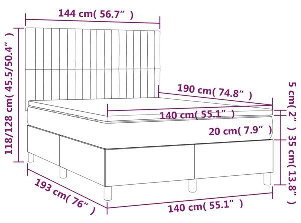 Krevet box spring s madracem LED tamnosivi 140x190 cm baršun - Siva / 140 x 190 cm