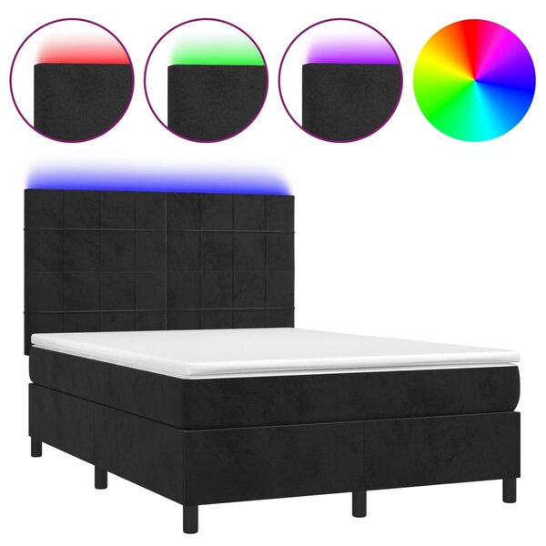 Krevet box spring s madracem LED crni 140x190 cm baršun - Crna / 140 x 190 cm