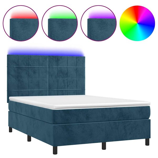 Krevet box spring s madracem LED tamnoplavi 140x190 cm baršun - Plava / 140 x 190 cm