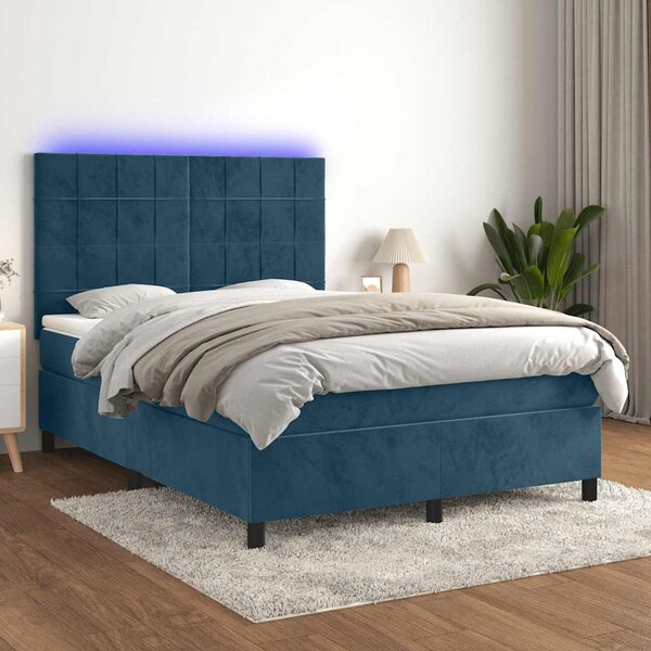 Krevet box spring s madracem LED tamnoplavi 140x190 cm baršun - Plava / 140 x 190 cm
