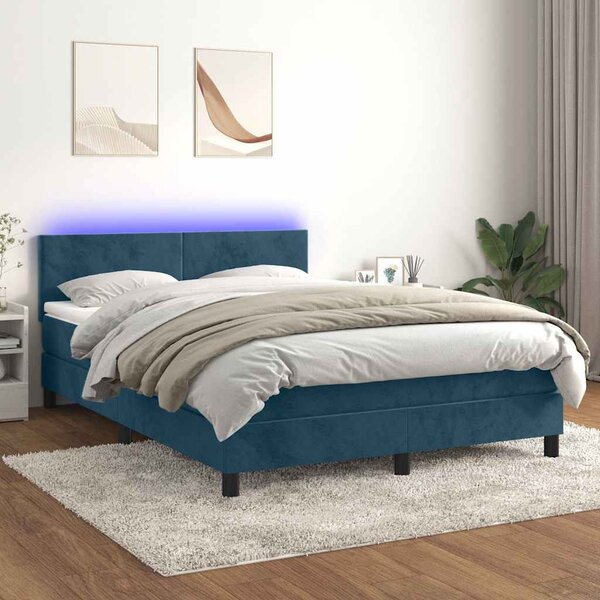 Krevet box spring s madracem LED tamnoplavi 140x190 cm baršun - Plava / 140 x 190 cm