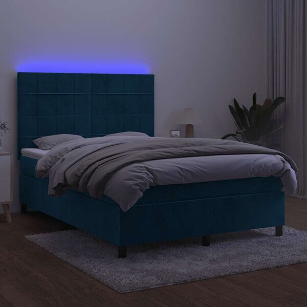 Krevet box spring s madracem LED tamnoplavi 140x190 cm baršun - Plava / 140 x 190 cm
