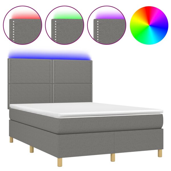 Krevet box spring s madracem LED tamnosivi 140x190 cm tkanina - Siva / 140 x 190 cm
