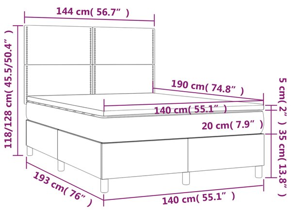 Krevet box spring s madracem LED tamnosivi 140x190 cm tkanina - Siva / 140 x 190 cm