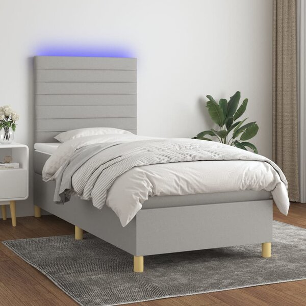 Krevet box spring s madracem LED svjetlosivi 90x190 cm tkanina - Siva / 90 x 190 cm