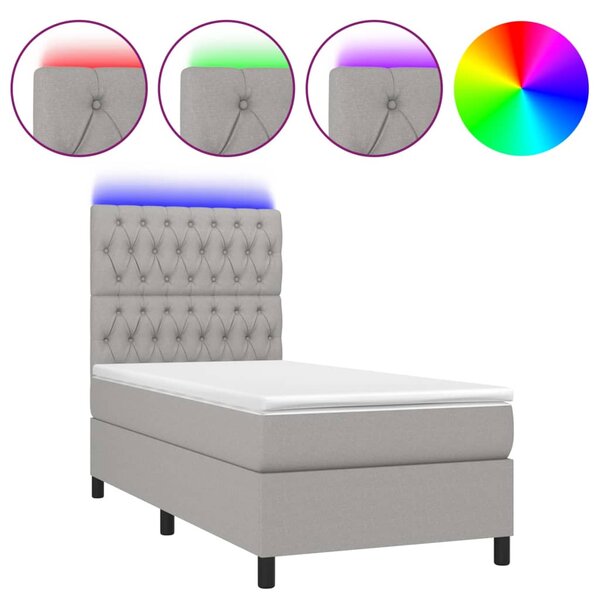 Krevet box spring s madracem LED svjetlosivi 90x190 cm tkanina - Siva / 90 x 190 cm
