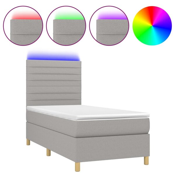 Krevet box spring s madracem LED svjetlosivi 90x190 cm tkanina - Siva / 90 x 190 cm